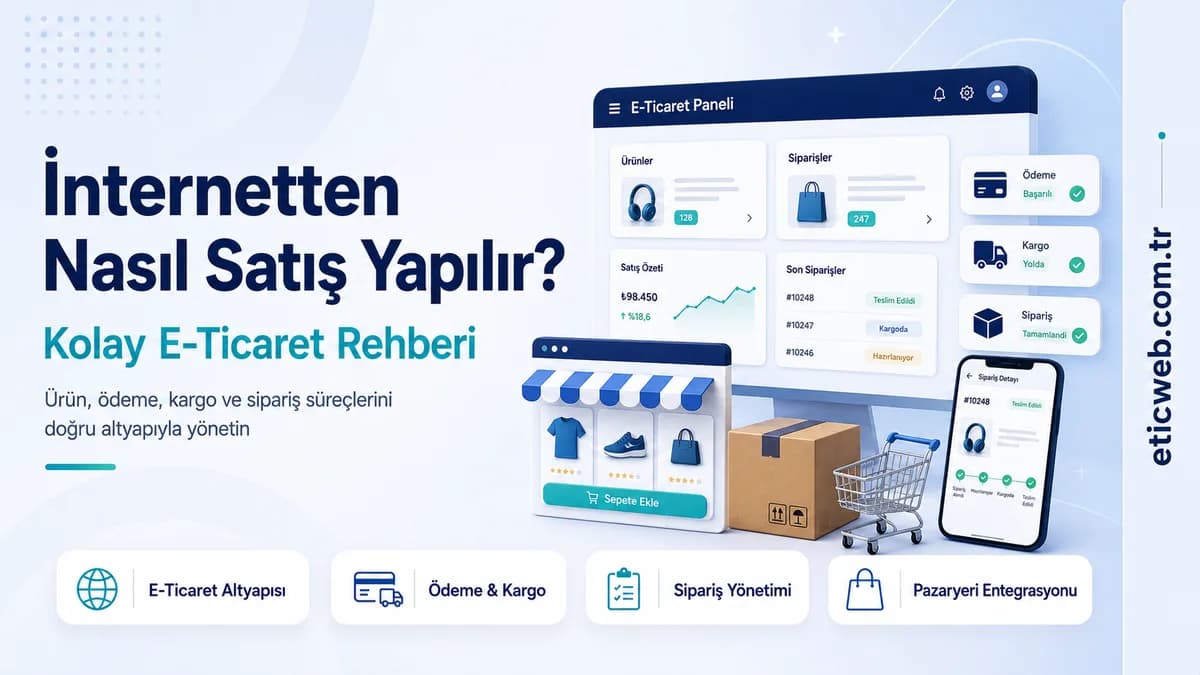 İnternetten satış yapmak için e-ticaret paneli, ödeme ve kargo süreçlerini yöneten işletme sahibi