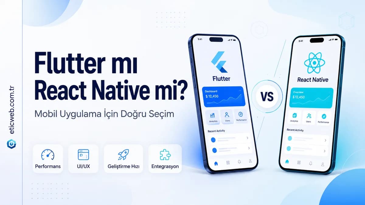 Flutter ve React Native logoları ile mobil uygulama geliştirme teknolojisi karşılaştırması