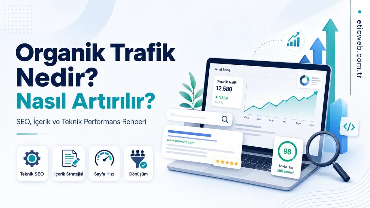 Organik trafik artışını gösteren grafikler, arama sonuçları ve web sitesi analiz ekranı