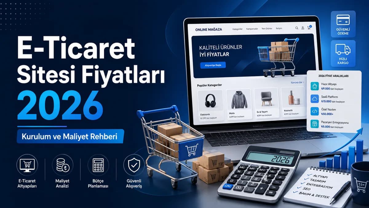 2026 e-ticaret sitesi fiyatları ve maliyet kalemlerini gösteren dijital alışveriş altyapısı illüstrasyonu