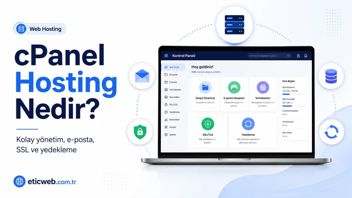 cPanel hosting kontrol paneli üzerinden web sitesi, e-posta ve veritabanı yönetimini gösteren modern illüstrasyon
