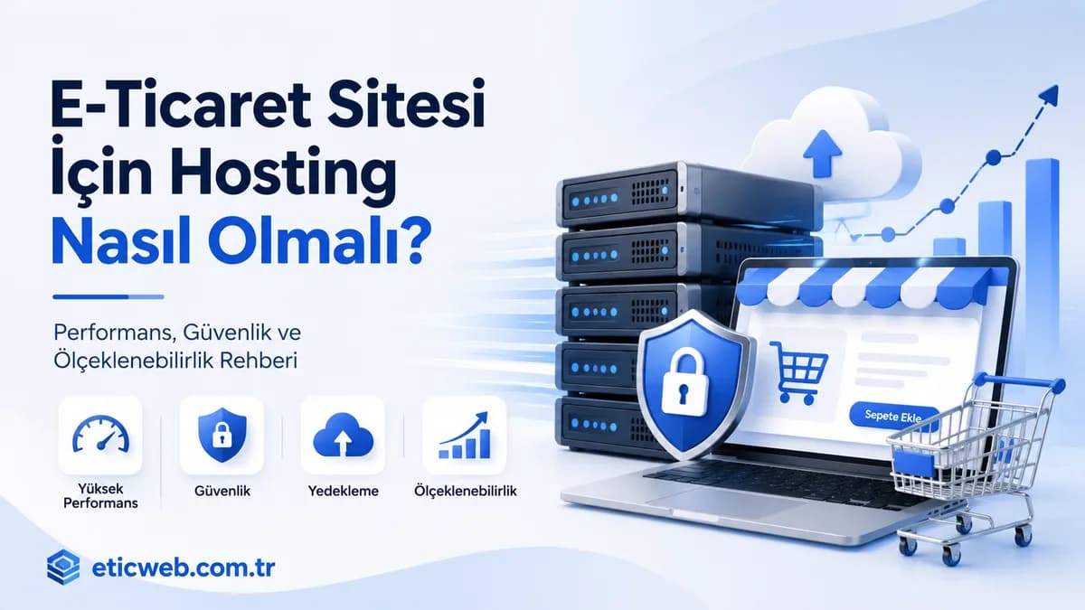 E-ticaret sitesi için hosting altyapısı, hız, güvenlik, yedekleme ve ölçeklenebilirlik unsurlarını gösteren teknik görsel