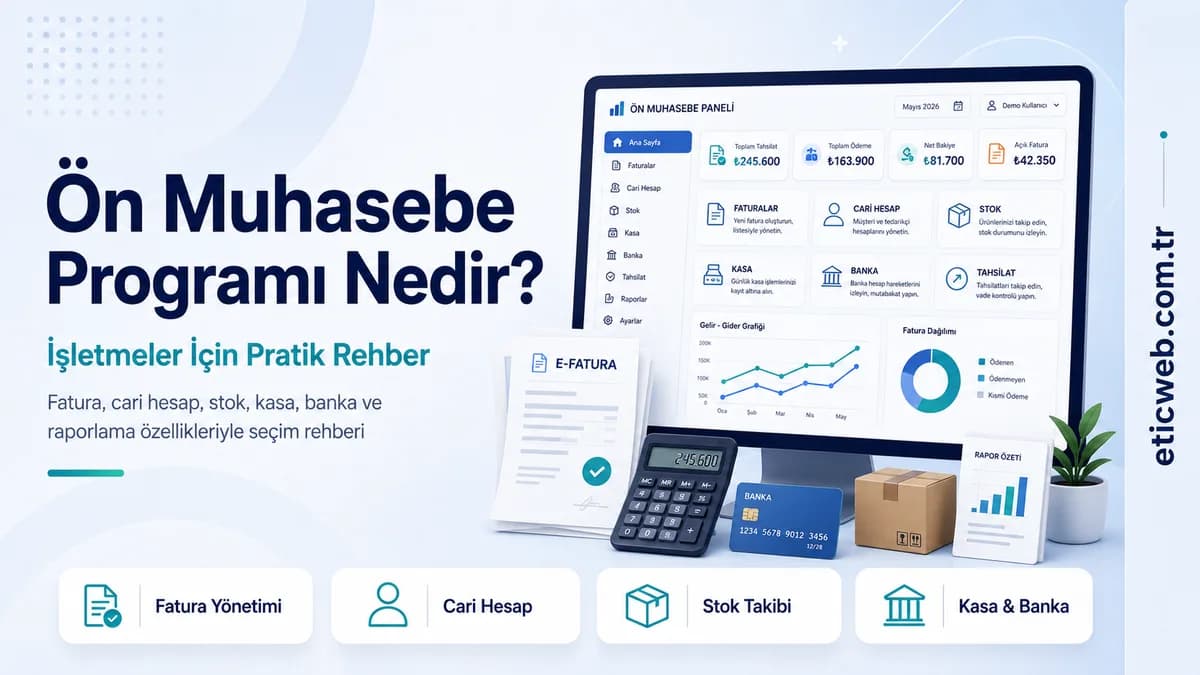 Ön muhasebe programı ekranında fatura, cari hesap, stok ve kasa takibi yapan işletme çalışanı