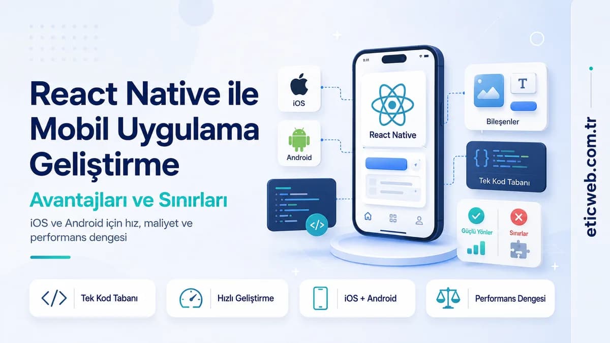 React Native ile iOS ve Android mobil uygulama geliştirme sürecini gösteren teknoloji görseli