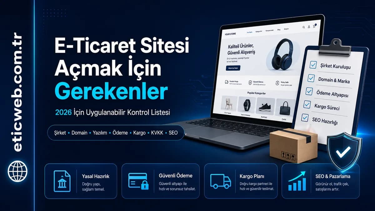 E-ticaret sitesi açmak için gerekenleri gösteren kontrol listesi, bilgisayar ve online alışveriş simgeleri