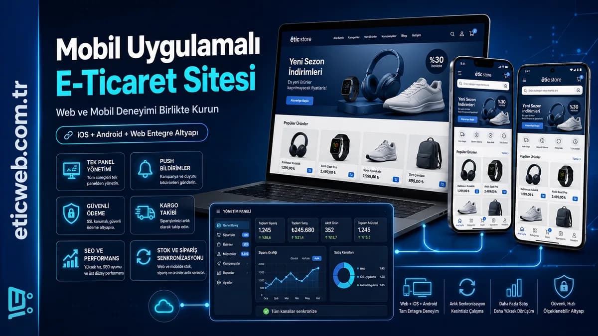 Mobil uygulama ve e-ticaret web sitesinin birlikte çalıştığını gösteren modern alışveriş ekranları