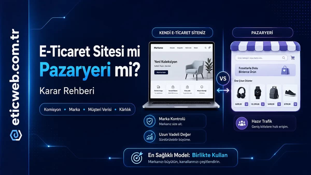 E-ticaret sitesi ve pazaryeri satış kanallarını karşılaştıran dijital ticaret illüstrasyonu