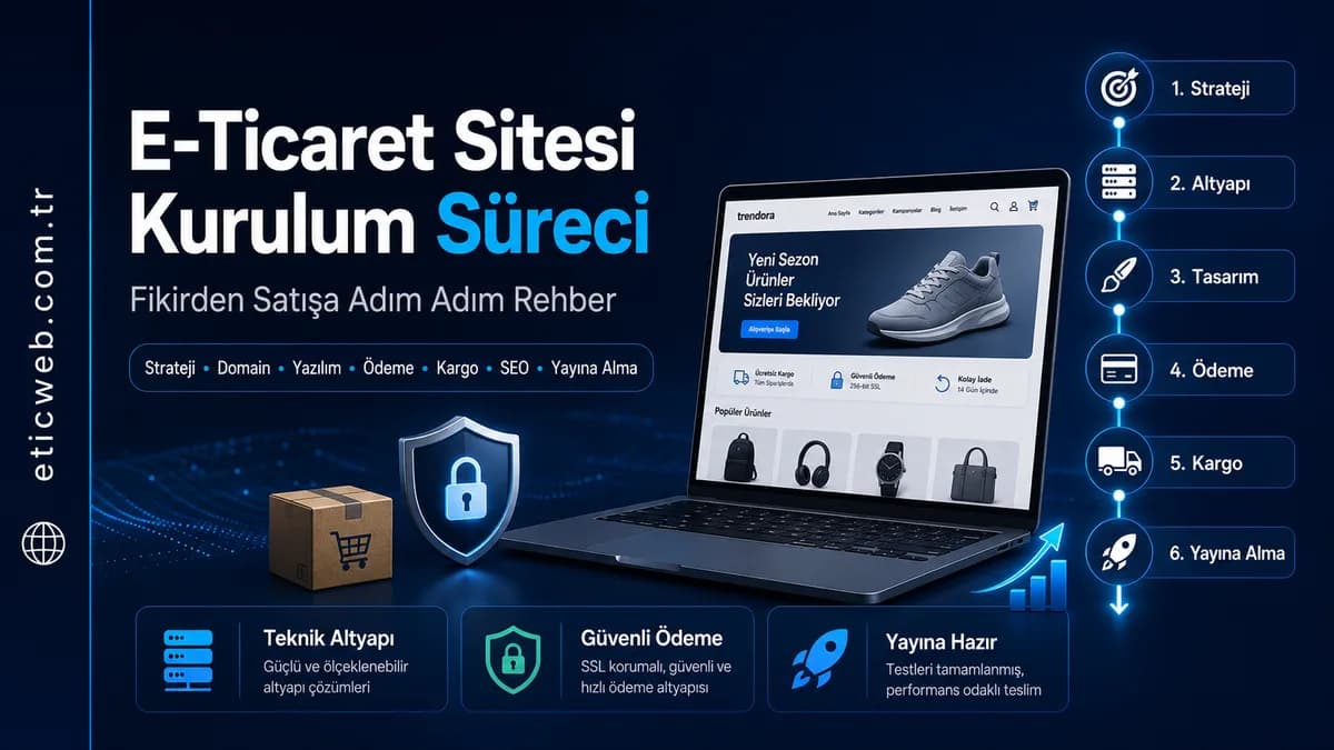 E-ticaret sitesi kurulum sürecini gösteren dizüstü bilgisayar, ürün kartları, ödeme ve kargo ikonları