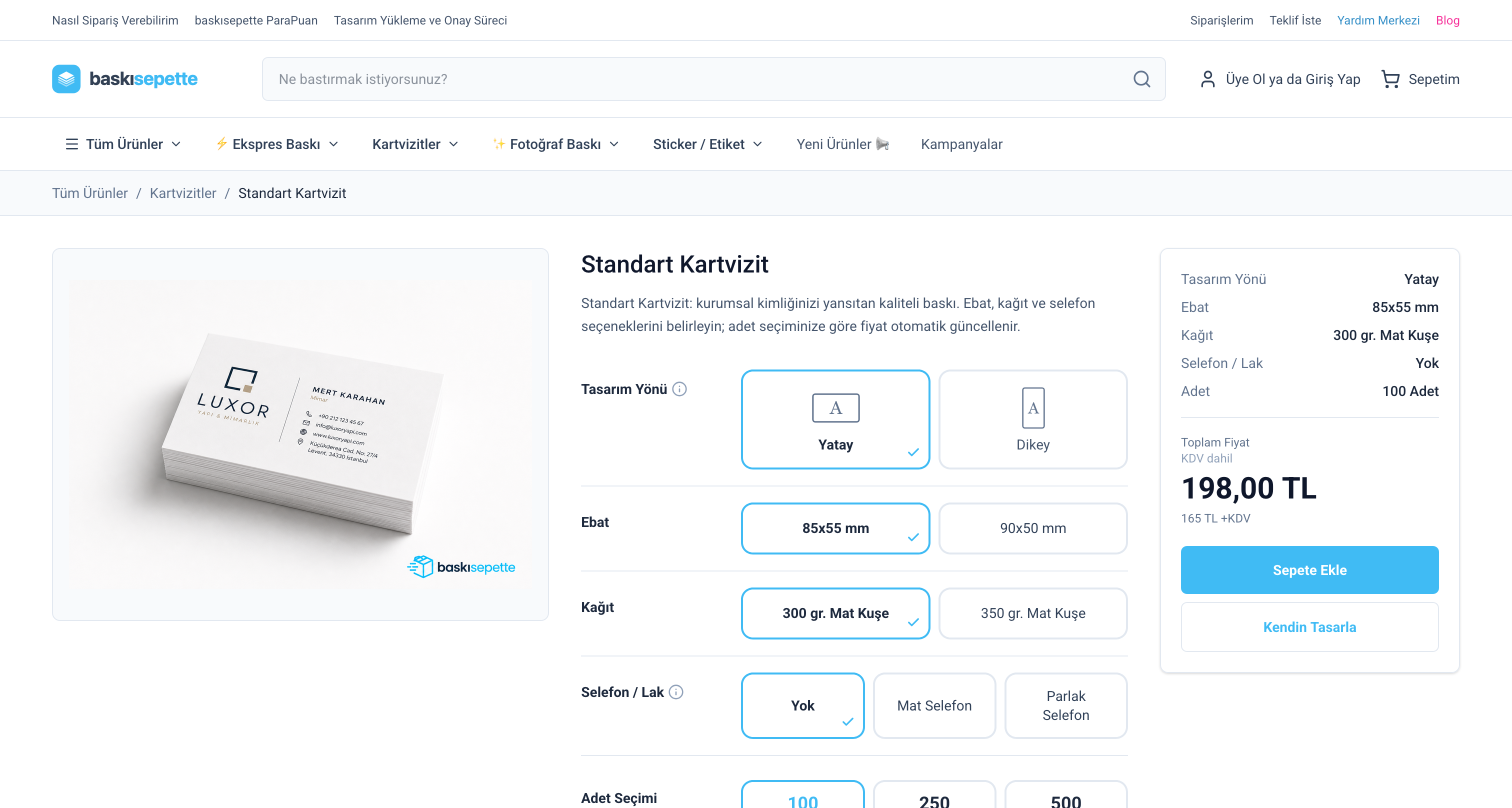 Standart kartvizit ürün seçenekleri ve konfigüratör ekranı